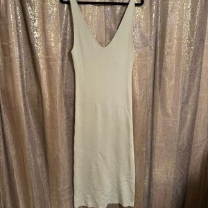 Free People Beach Blaine Ivory Taupe Ribbed Stretchy Midi V Neck Dress Med